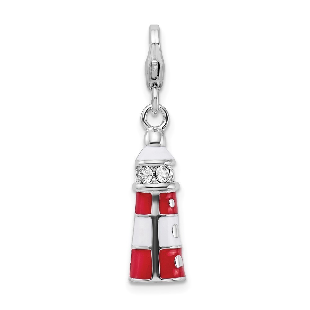 925 Silver 3-D Red Enameled Swarovski Crystal Lighthouse Bracelet Charm w Clasp